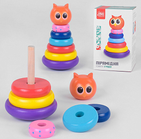 Дерев'яна пірамідка 91552 (24) "Fun Game", "Сова", неваляшка, 5 кілець, в коробці - 1 - smarttoys.com.ua