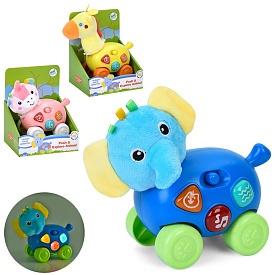 Музична іграшка 1953-1-2-6 тварина на колесах, голова плюш,3 види,муз.,світло,бат.,кор.,15-19-11,5см - 1 - smarttoys.com.ua
