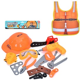 Набір інструментів 333G-2 жилет 28-34см, каска 23-18-8см,пила,плоскогуб.,маска, шуруповерт, пак. - 1 - smarttoys.com.ua