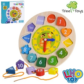 Дерев'яна іграшка Годинник MD 0767 (40шт) 21,5см, рамка-вкладиш, фігури-цифри, шнурівка, назви англ., в кор-ці, 22,5-22,5-2,5см - 1 - smarttoys.com.ua