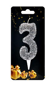 Свічка для торта  "Цифра 3" срібло магічне - 1 - smarttoys.com.ua