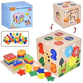 Дерев'яна іграшка Центр розвиваючий MD 0891 куб,цифри1-5,шестер.,геометрика,годин.,кор.,18-16,5-16,5 - 1 - smarttoys.com.ua