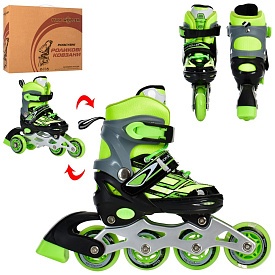 Ролики A 4144-XS-GR (27-30) розсув.,шнур+бакля,ал.рама,колПУ64мм-1св,комбо,зелен.,кор.,34-27-10см. - 1 - smarttoys.com.ua