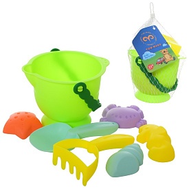 Набір для пісочниці 680 відерце, лопатка, граблі, формочки, сітка, 16-16-16 см. - 1 - smarttoys.com.ua