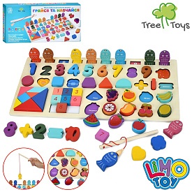 Дерев’яна іграшка Багатофункціональна дошка MD 1369 цифри,риболов.магн.,п'ятнашки,танграм,фрукти,кор - 1 - smarttoys.com.ua