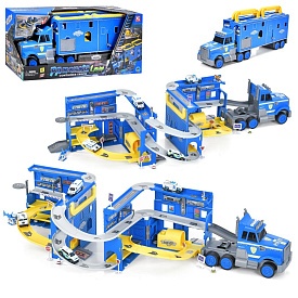 Гараж XG879-122 2в1 (трейлер), транспорт,1:64, дорож.знаки,муз.,світло,бат.(табл.),кор.,61-26-18,5см - 1 - smarttoys.com.ua