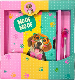 Блокнот дитячий на замочку в подар.коробочці з ручкою 195x210х20mm, 70g, 56 л, Песик в окулярах і метеликом - 1 - smarttoys.com.ua