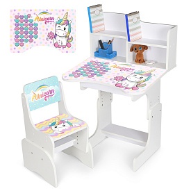 Парта N 2071-9-1 зі стільчиком, регул. висота, єдиноріг, укр. абетка, білий - 1 - smarttoys.com.ua
